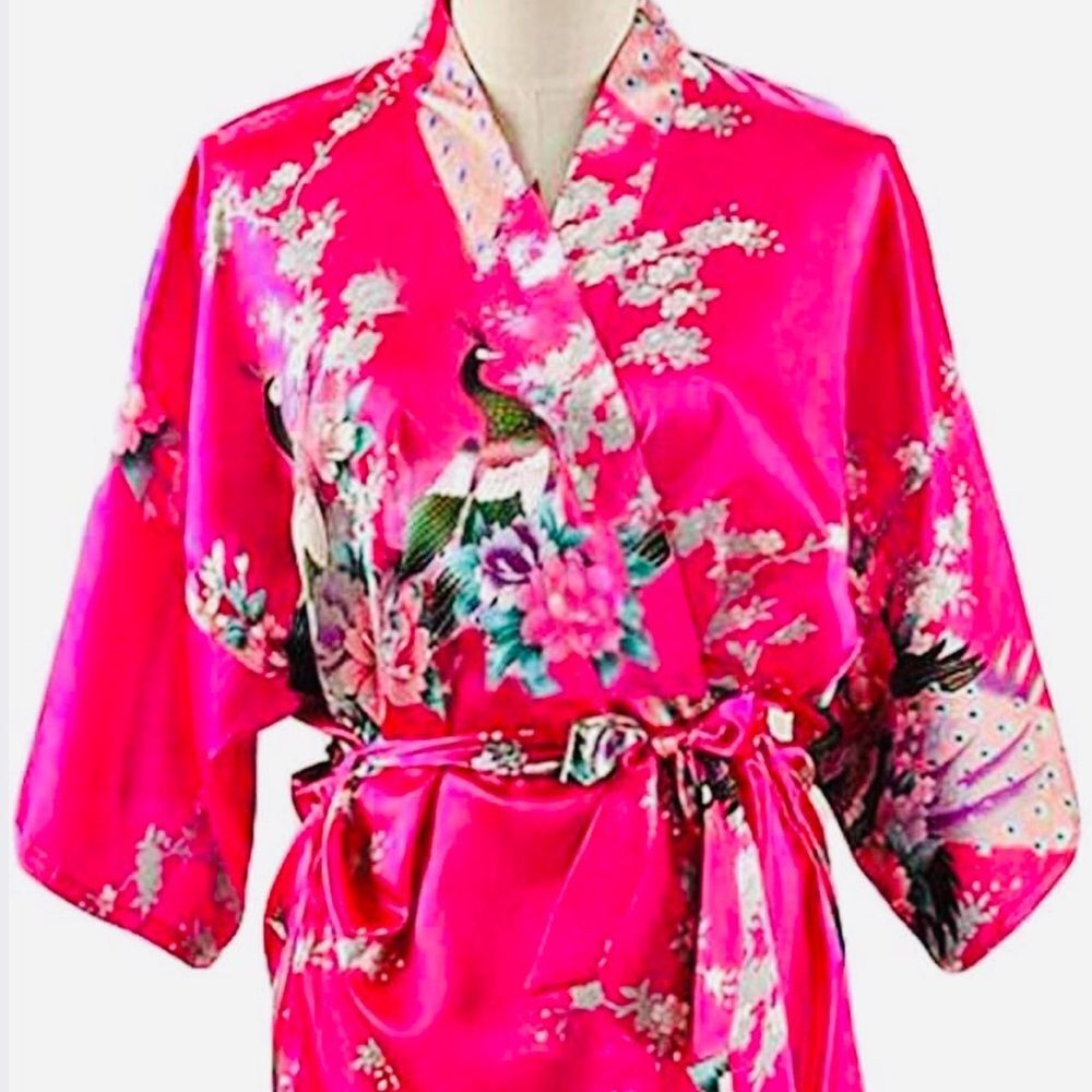 #0982+ Singapore Silk Dynasty Floral Pink Kimono Robe”43 X 30” - Picture 1 of 6